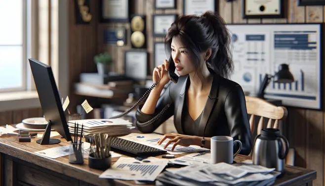 A photo realistic image showing a small business owner working at a computer and talking on phone