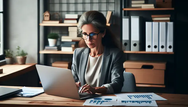 A small business owner analyzing data on a laptop