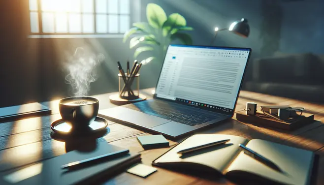 A workspace featuring a laptop and coffee cup