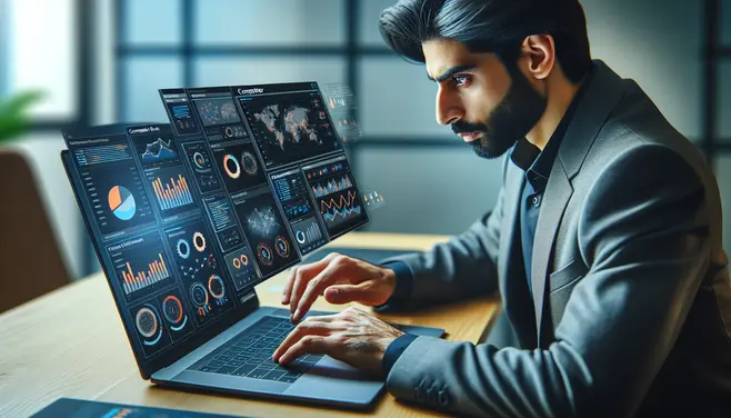 Business analyst reviewing competitor data on a laptop with AI dashboard