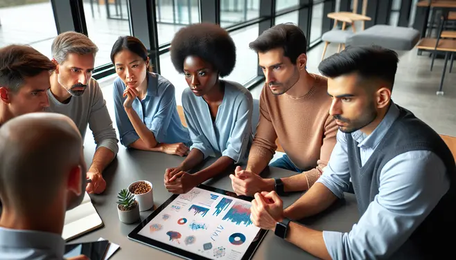 Team in a meeting room discussing charts and AI-driven insights