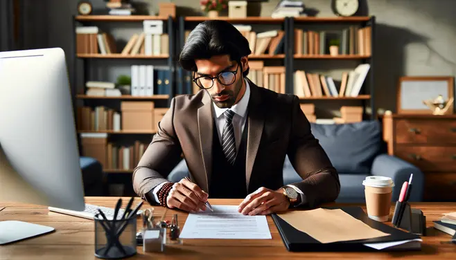 Small business owner reading a printed resume at a desk
