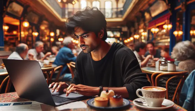 A freelancer working on a laptop at a café