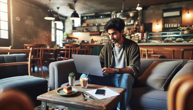 A freelancer working on a laptop in a cozy cafe.