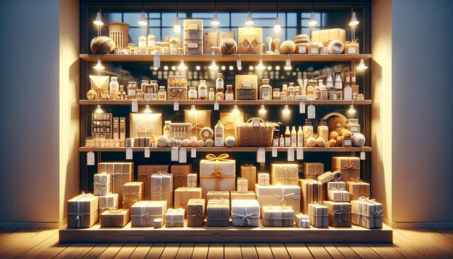 An assortment of product bundles on display. photo realistic.