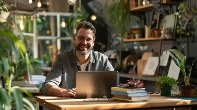 happy man working on his social media for his business