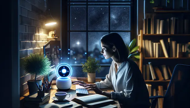 Freelancer working with AI assistant at night in home office