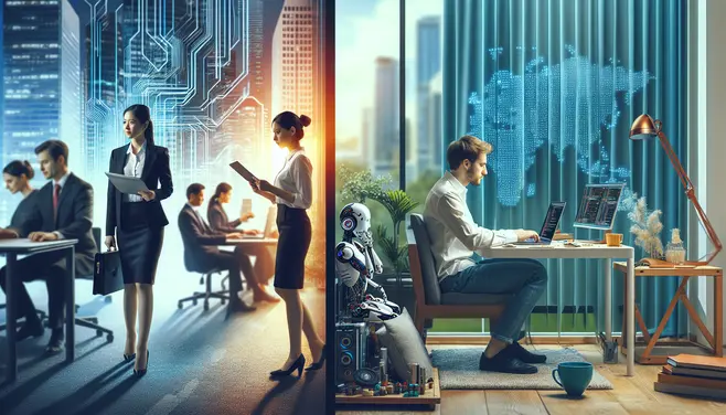 Split image of office job vs AI-powered side hustle at home