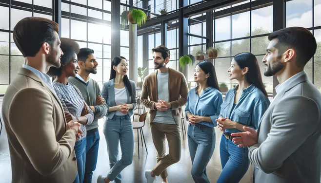 A group of people engaged in conversation representing customer connections. photo realistic image.