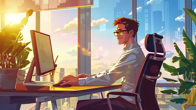 man working on computer with sun shining through window - illustration