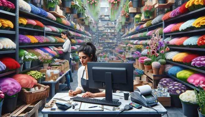 photo realistic image of a business owner working on a computer in a flower shop