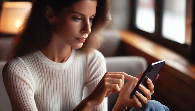 photo realistic image of a woman looking at her iphone using the internet