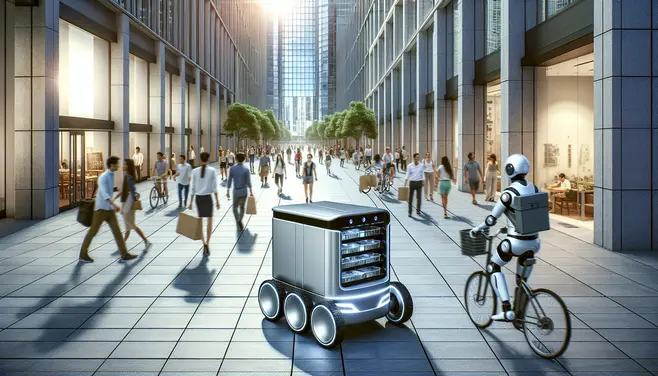 A robotic delivery vehicle on a street.